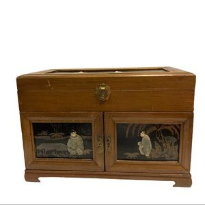 Large Vintage Wooden Japanese Double Door Jewelry Box!